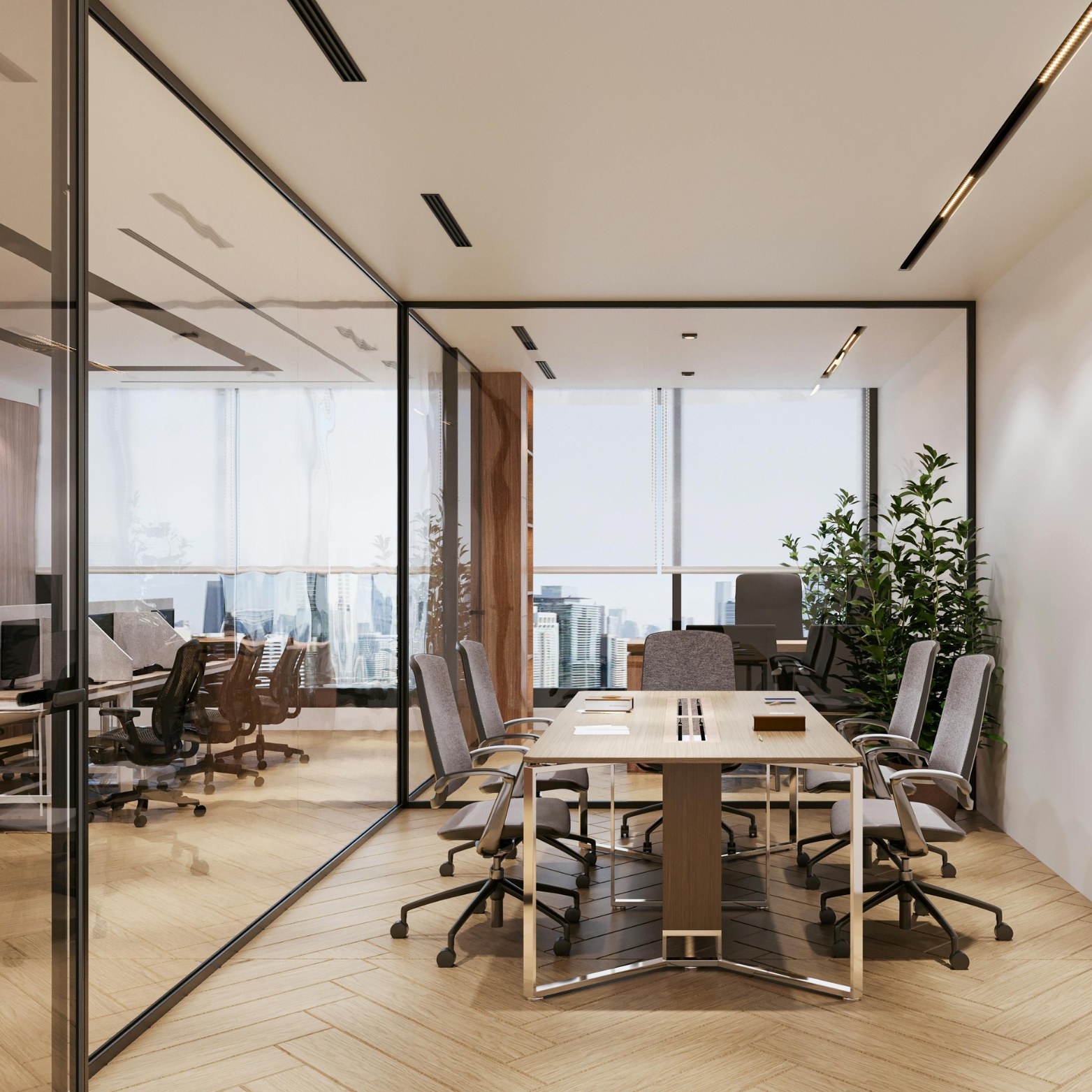 Kantoorinterieur met glazen wanden en vergaderruimte